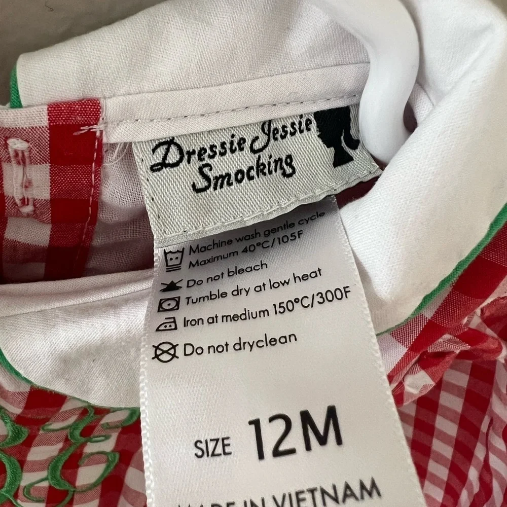 Dressie Jessie Smocking Baby Girl Christmas Dress 12M Red Gingham Monogram EUC